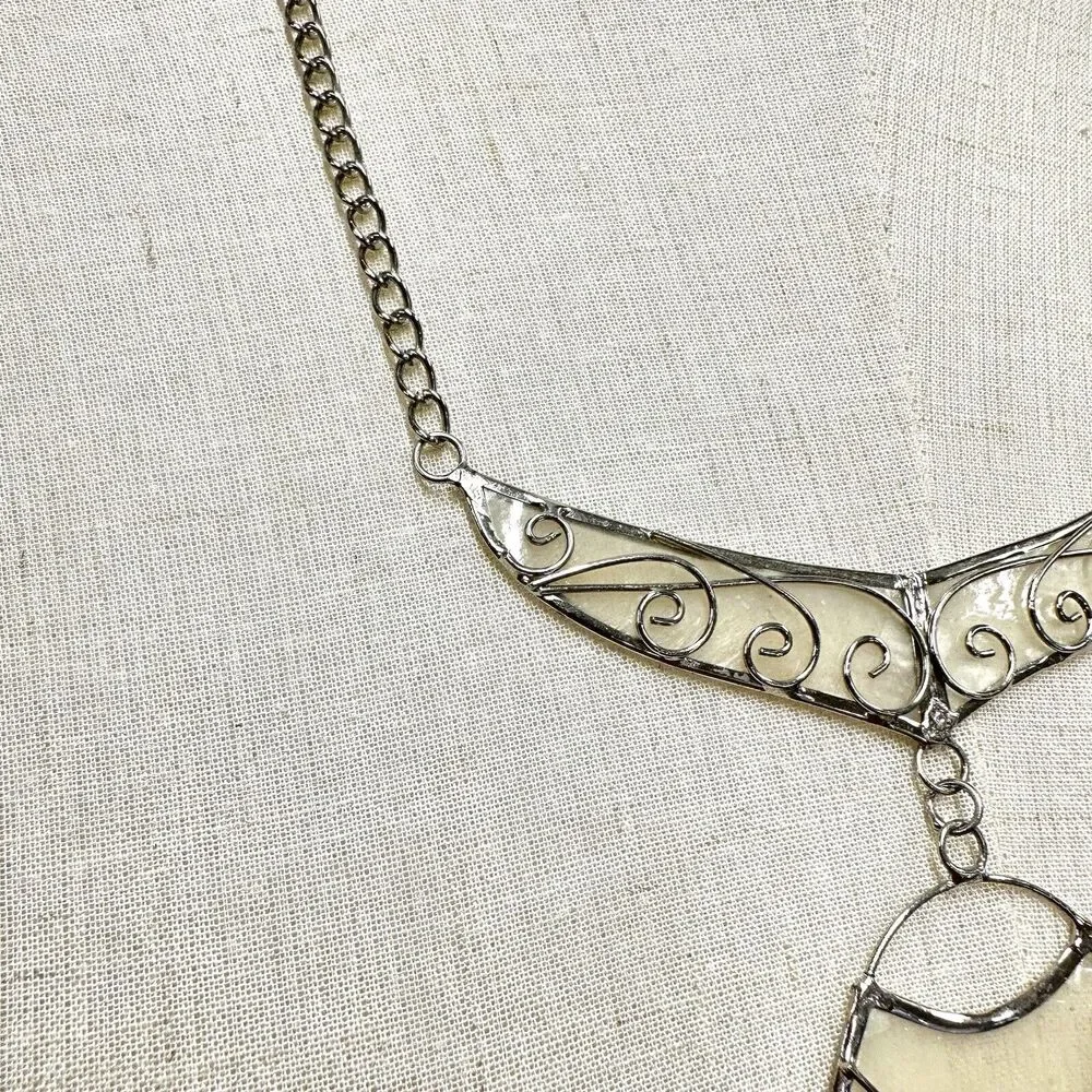 FairTrade Handcrafted Silver Scroll Metal Necklace With Abalone Shell Insert‎
